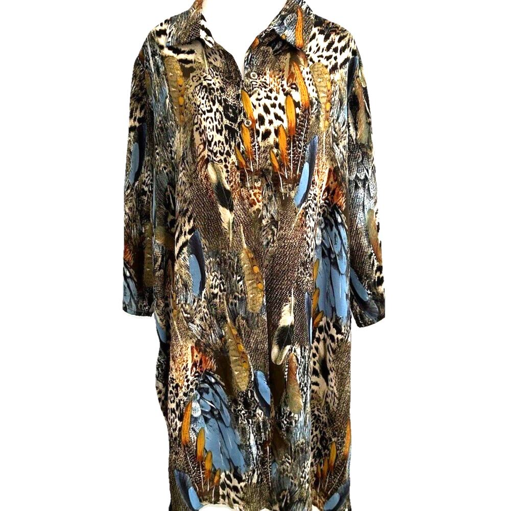 Indigo Rose 2X Blouse Button Front Feathers Cheetah All Over Print Lightweight